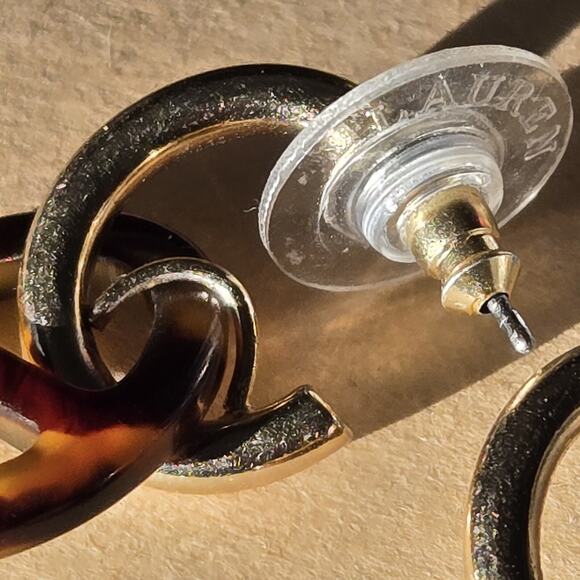 RARE Lauren Ralph Lauren Small Hoop Dangle Drop Tortoise Pierced Earrings - Picture 5 of 7